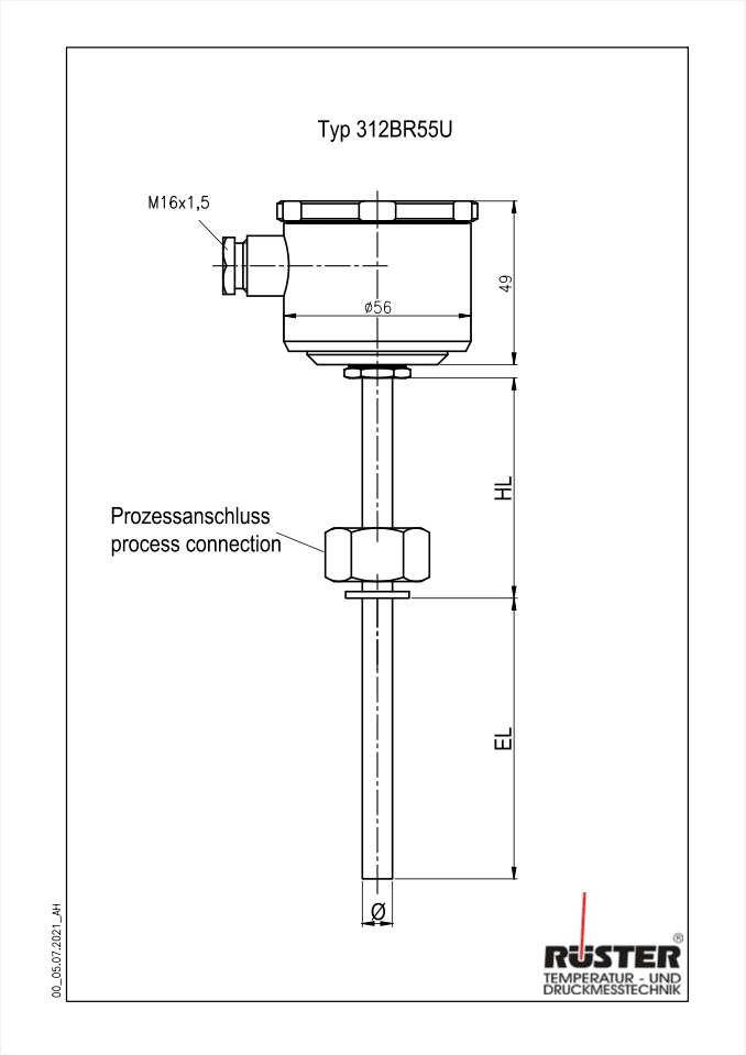 Einschraubthermoelemente mit Überwurfmutter Typ 312BR55U